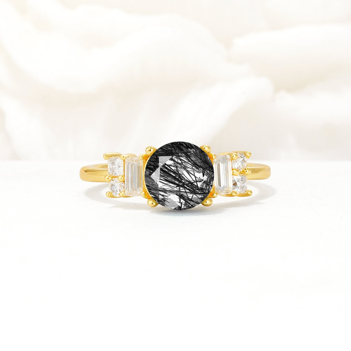 Round Cut Black Rutilated Quartz Baguette Side Stone Engagement Ring - Additional view