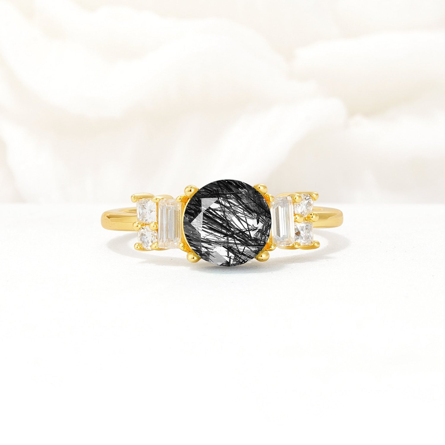 Round Cut Black Rutilated Quartz Baguette Side Stone Engagement Ring - Additional view
