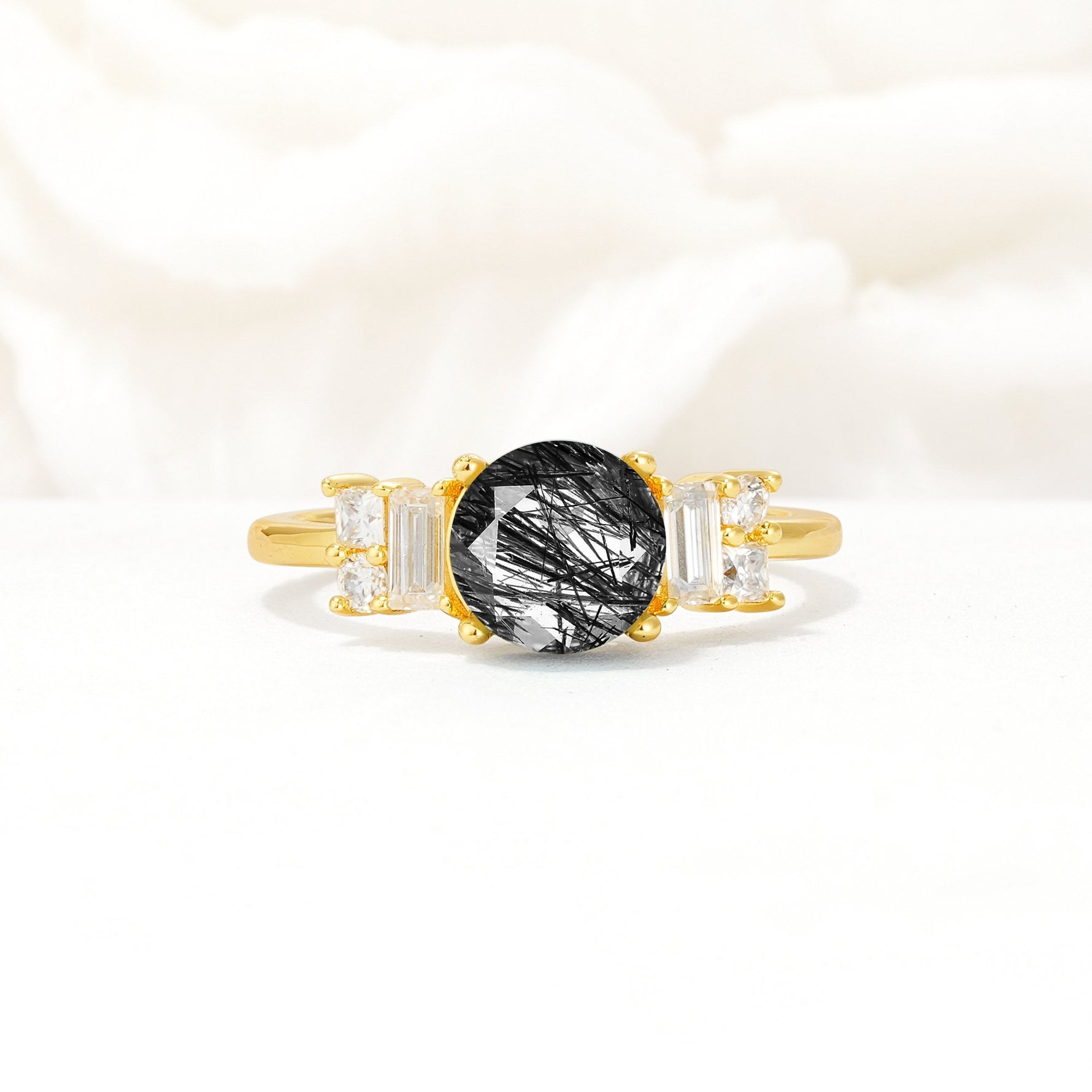 Round Cut Black Rutilated Quartz Baguette Side Stone Engagement Ring - Additional view