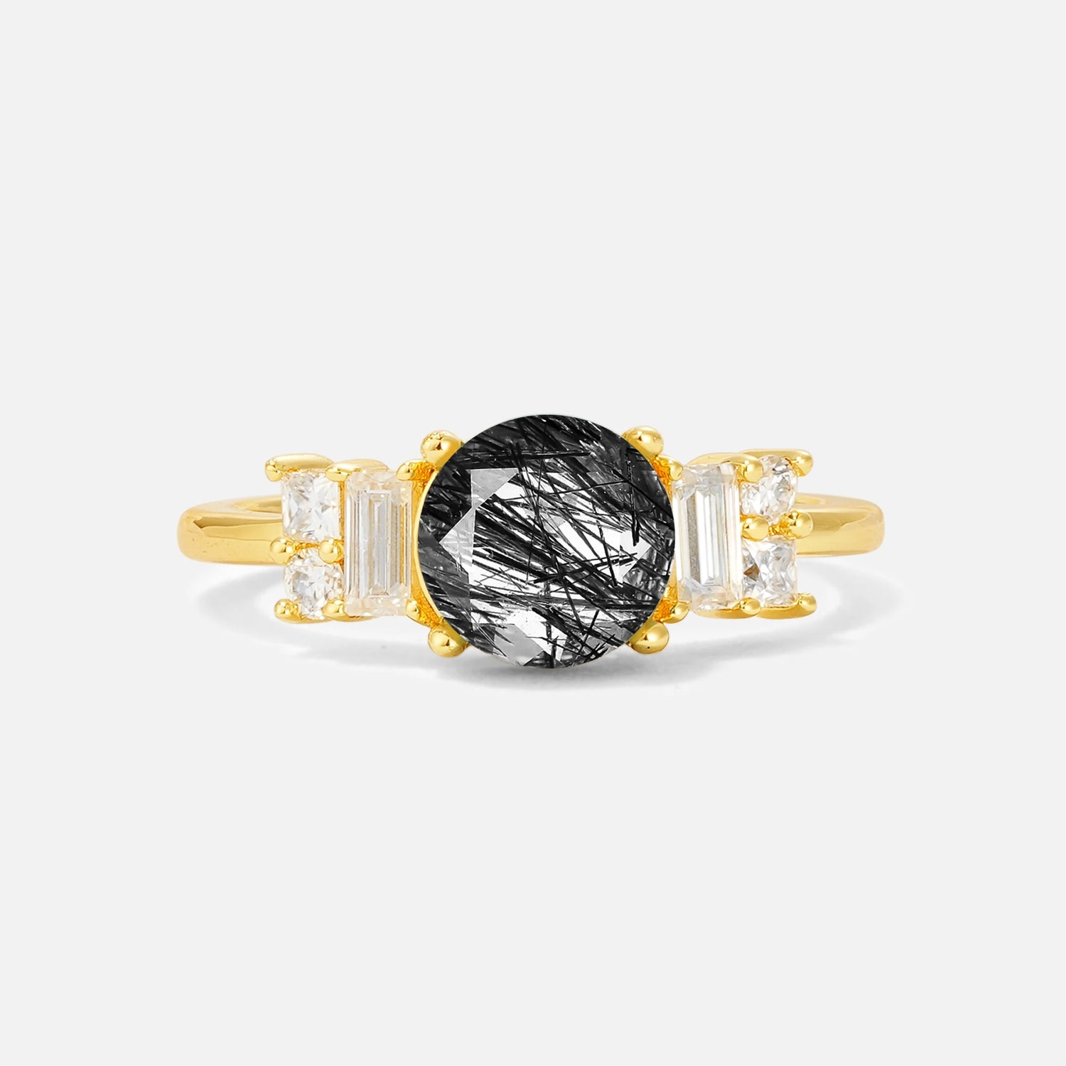 Round Cut Black Rutilated Quartz Baguette Side Stone Engagement Ring