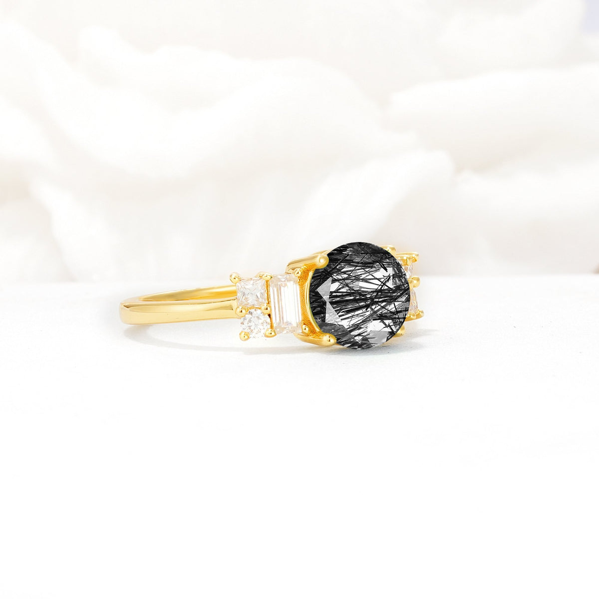 Round Cut Black Rutilated Quartz Baguette Side Stone Engagement Ring - Additional view