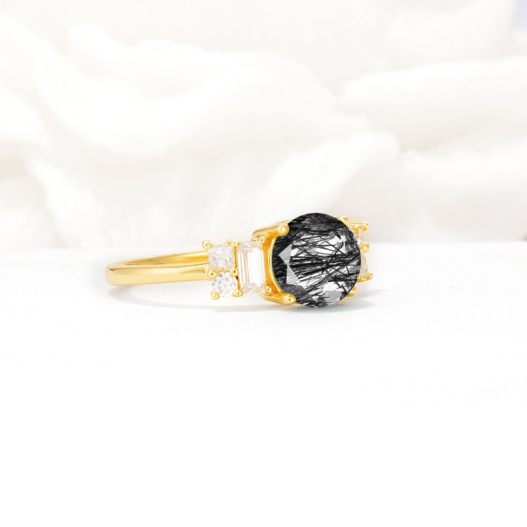 Round Cut Black Rutilated Quartz Baguette Side Stone Engagement Ring - Additional view