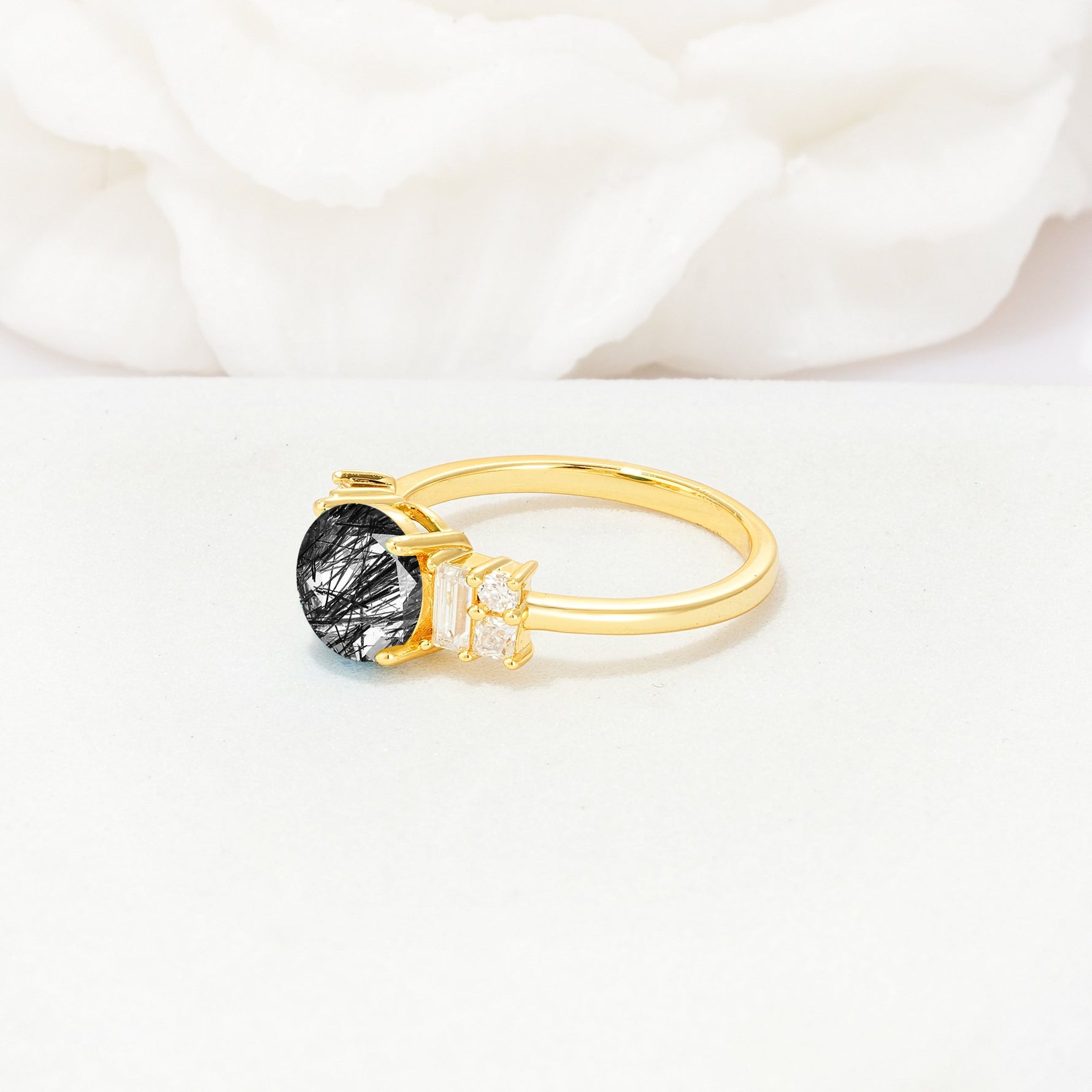 Round Cut Black Rutilated Quartz Baguette Side Stone Engagement Ring - Additional view