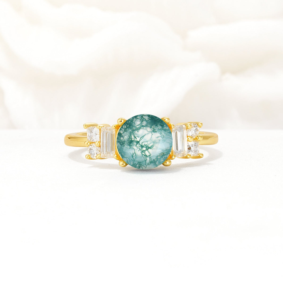 Round Cut Moss Agate Baguette Side Stone Engagement Ring - Additional view