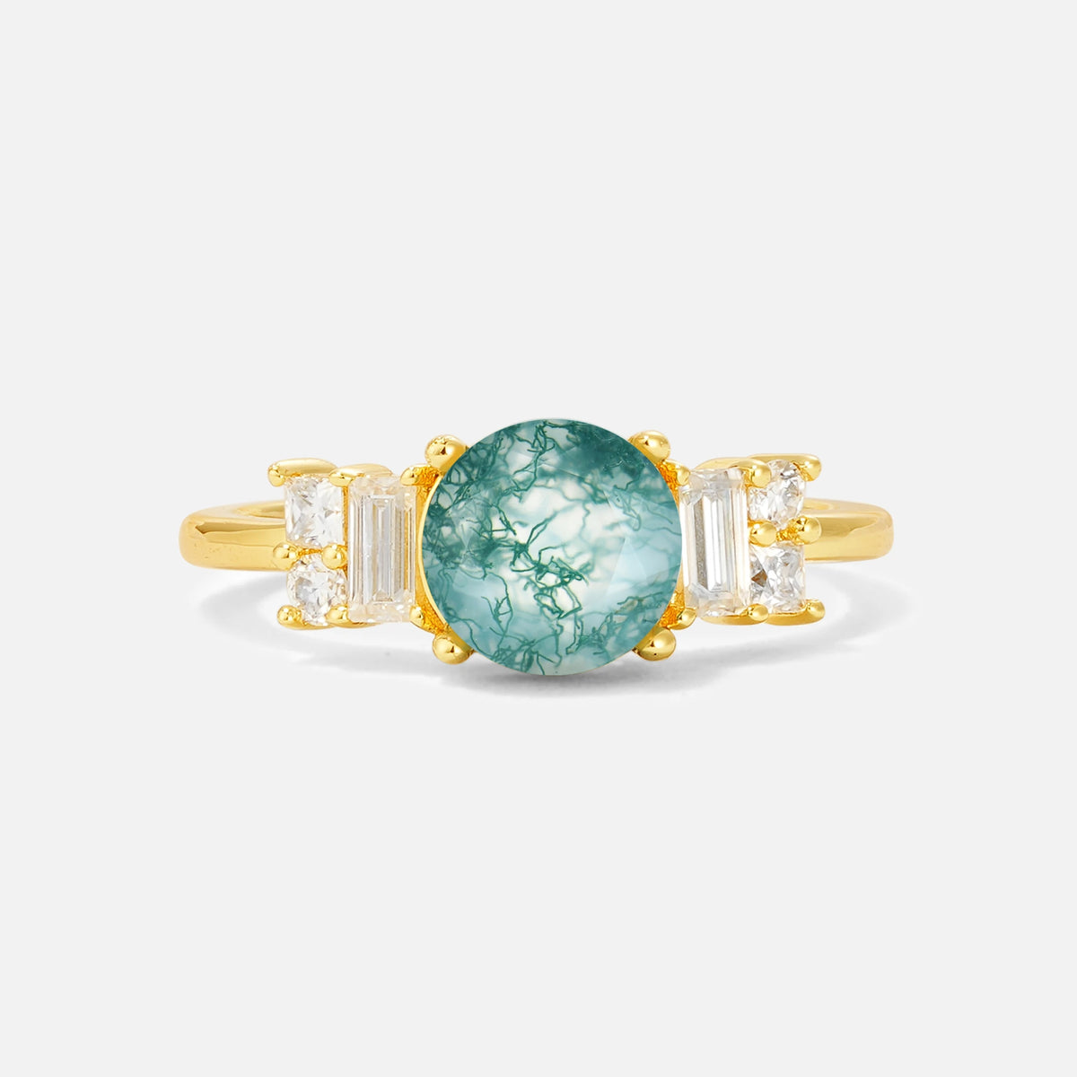 Round Cut Moss Agate Baguette Side Stone Engagement Ring