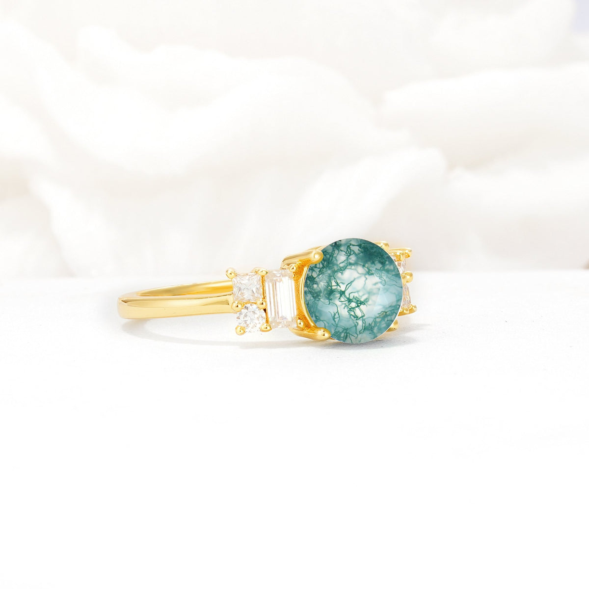 Round Cut Moss Agate Baguette Side Stone Engagement Ring - Additional view