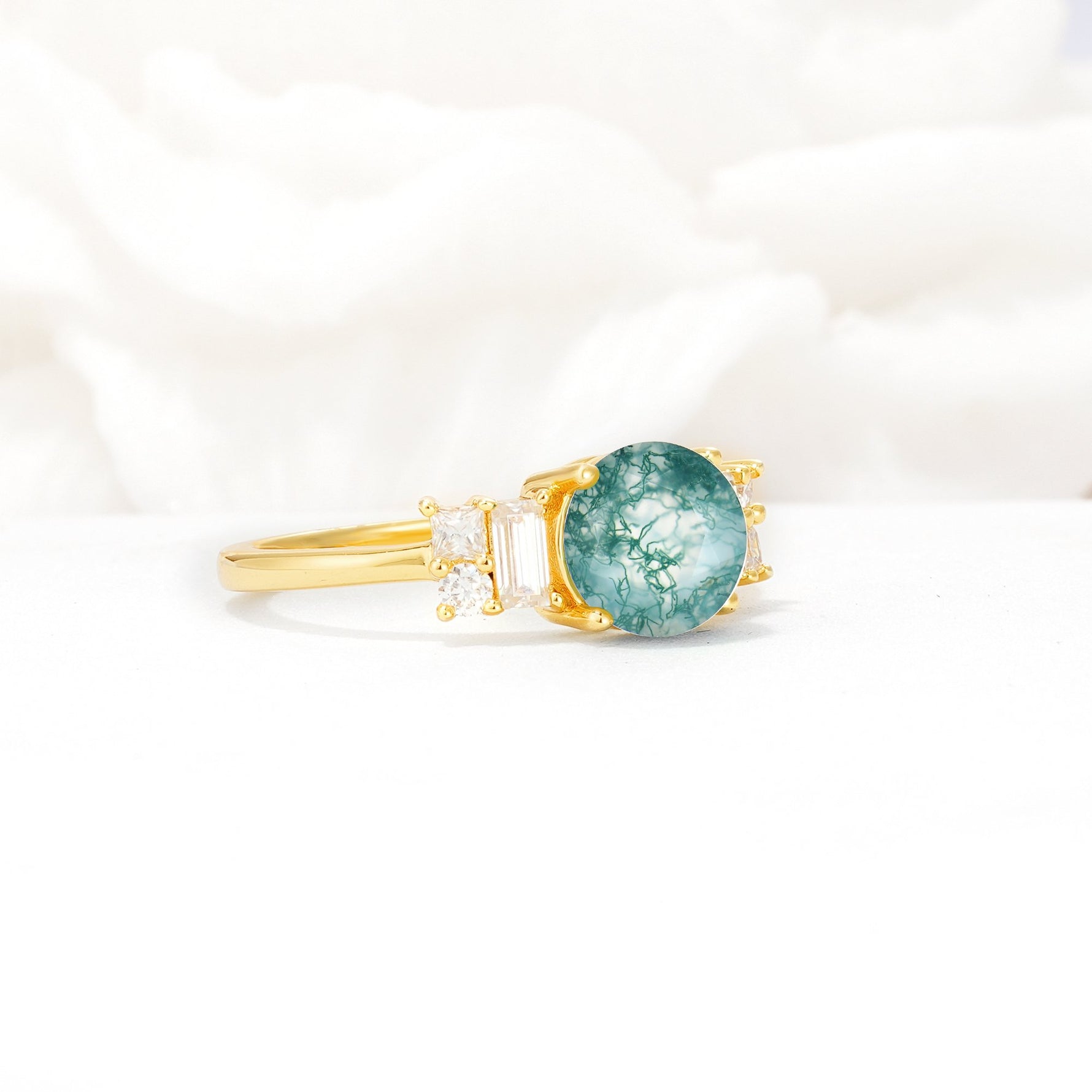 Round Cut Moss Agate Baguette Side Stone Engagement Ring - Additional view