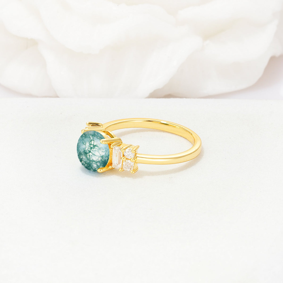 Round Cut Moss Agate Baguette Side Stone Engagement Ring - Additional view