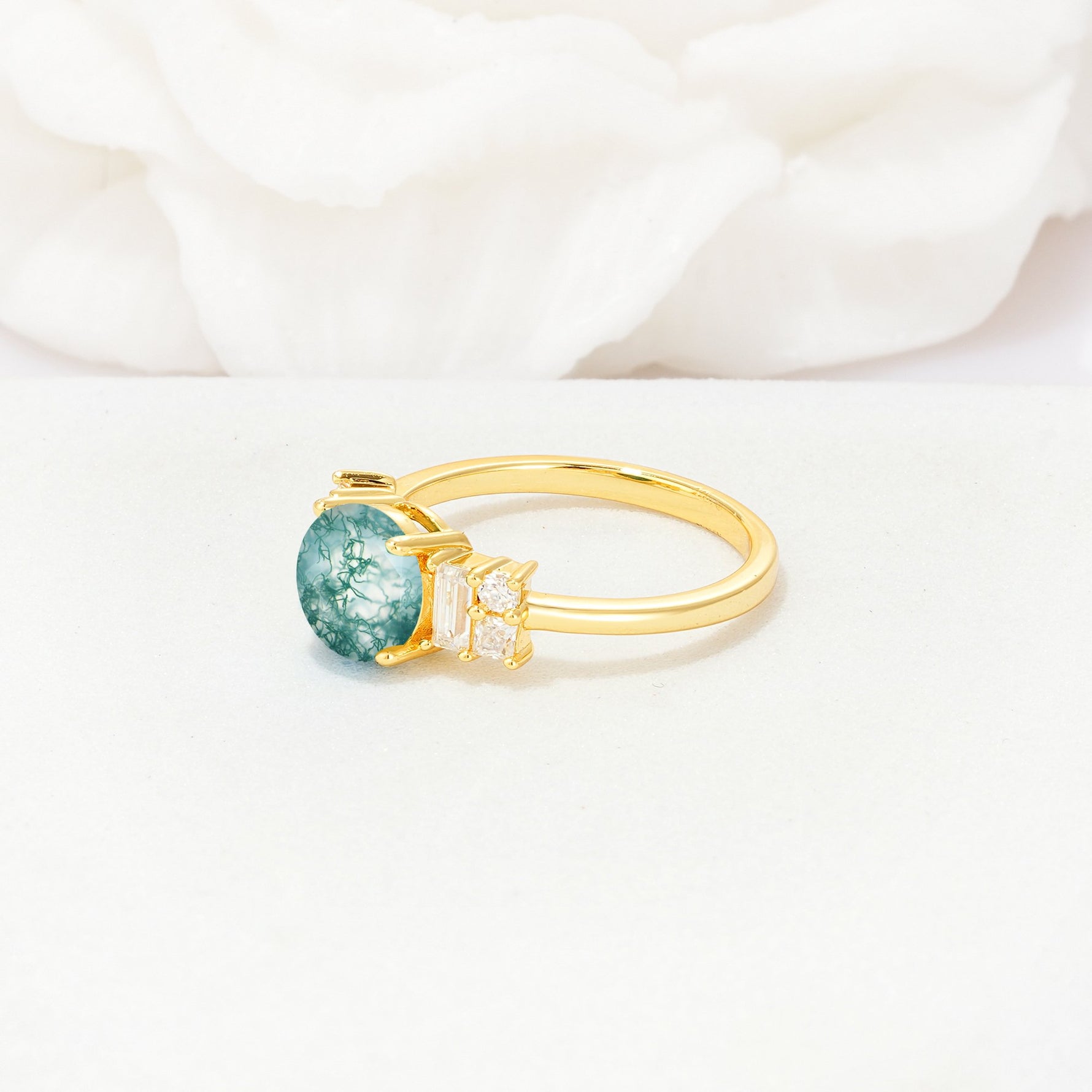 Round Cut Moss Agate Baguette Side Stone Engagement Ring - Additional view