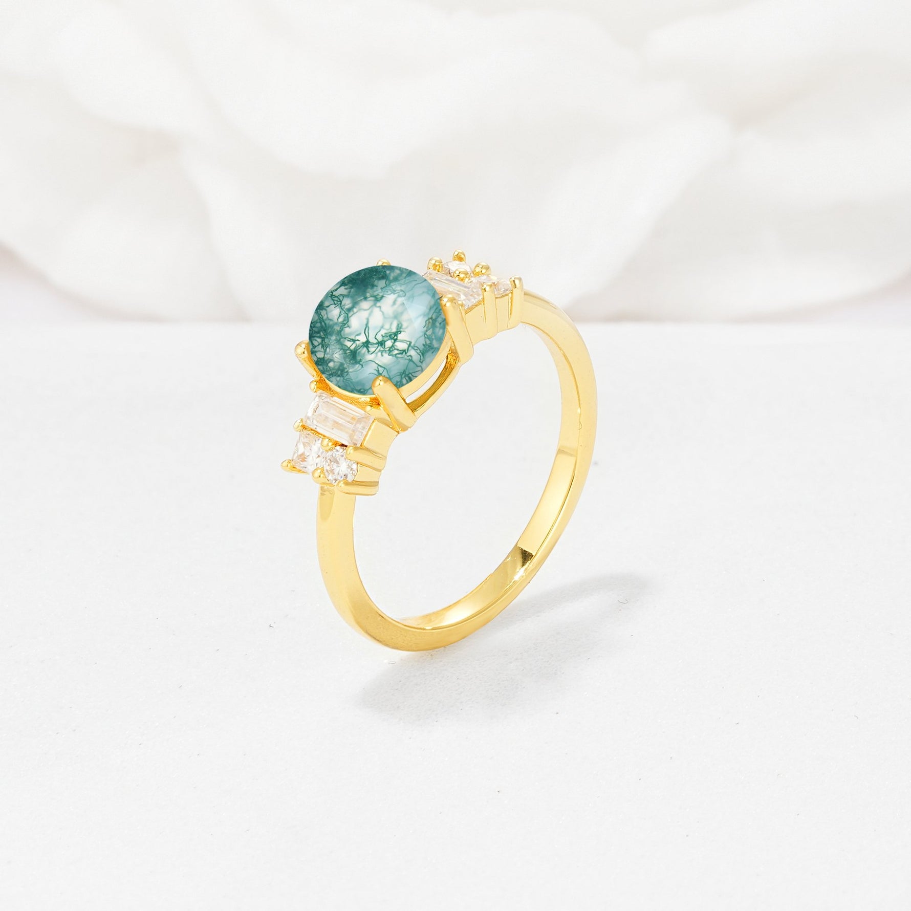 Round Cut Moss Agate Baguette Side Stone Engagement Ring - Additional view