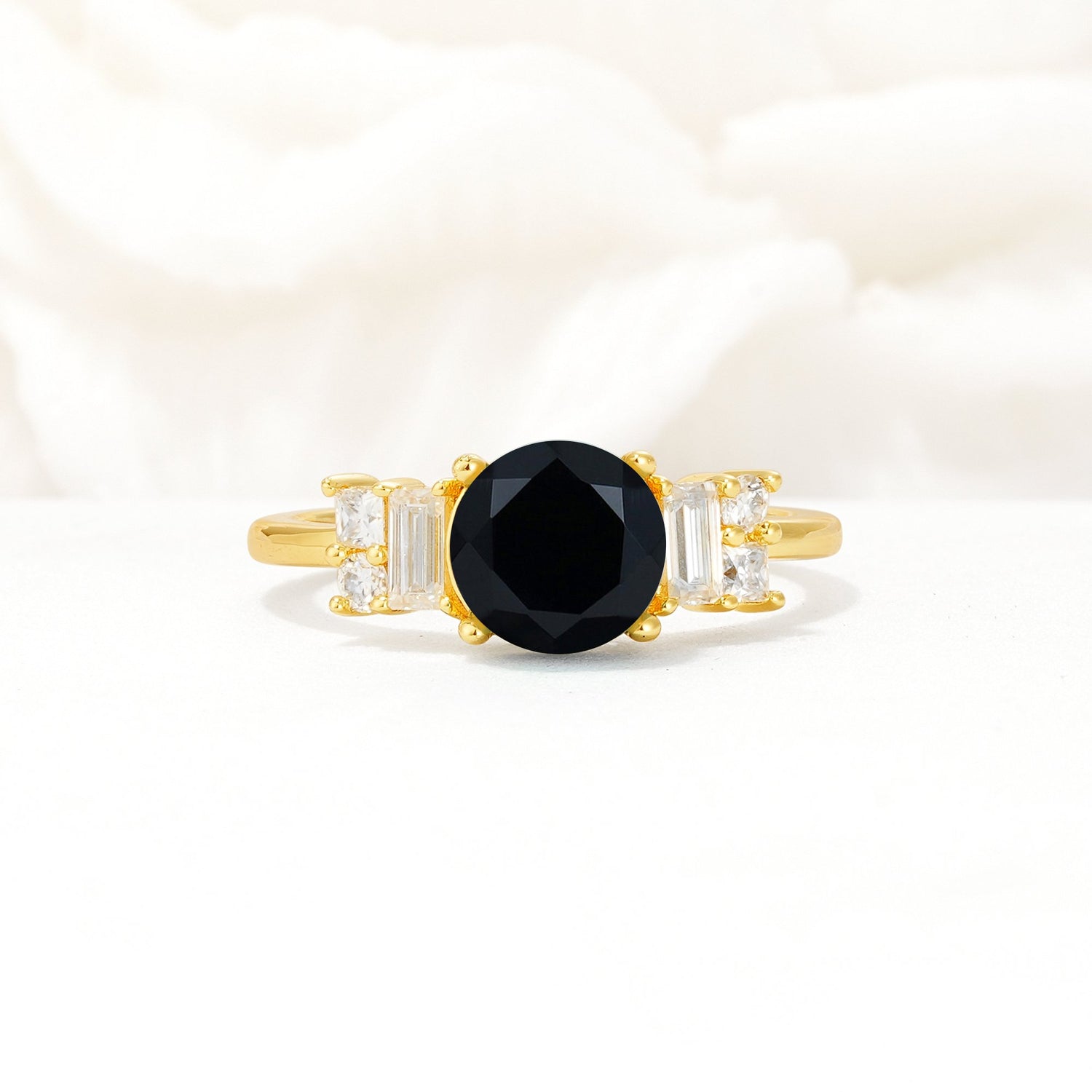 Round Cut Black Onyx Baguette Side Stone Engagement Ring - Additional view