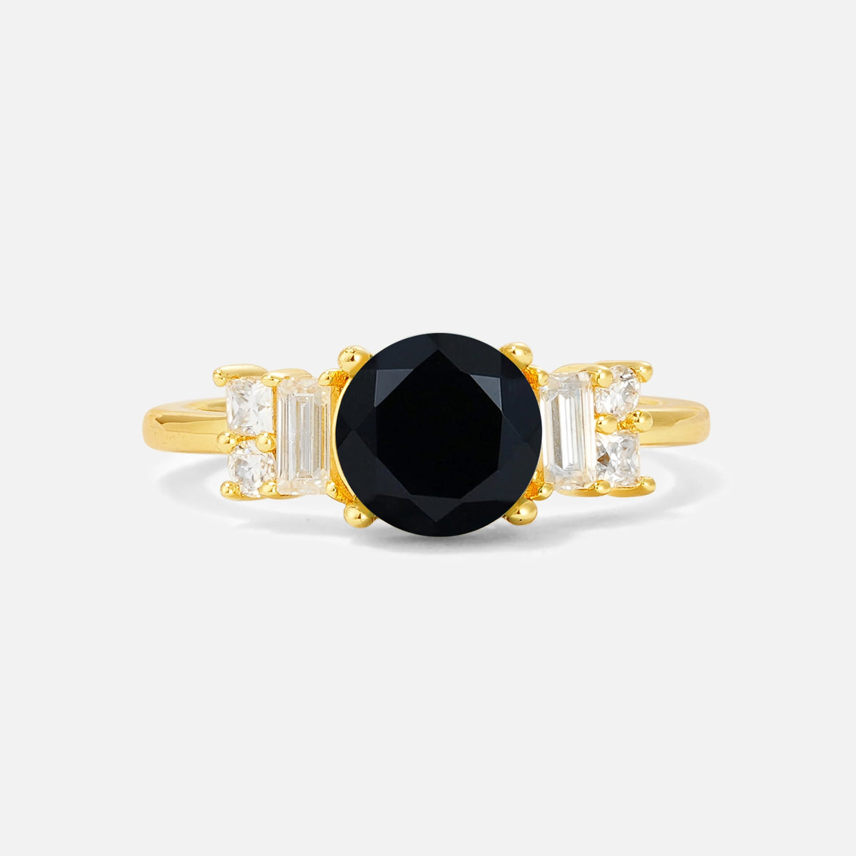 Round Cut Black Onyx Baguette Side Stone Engagement Ring