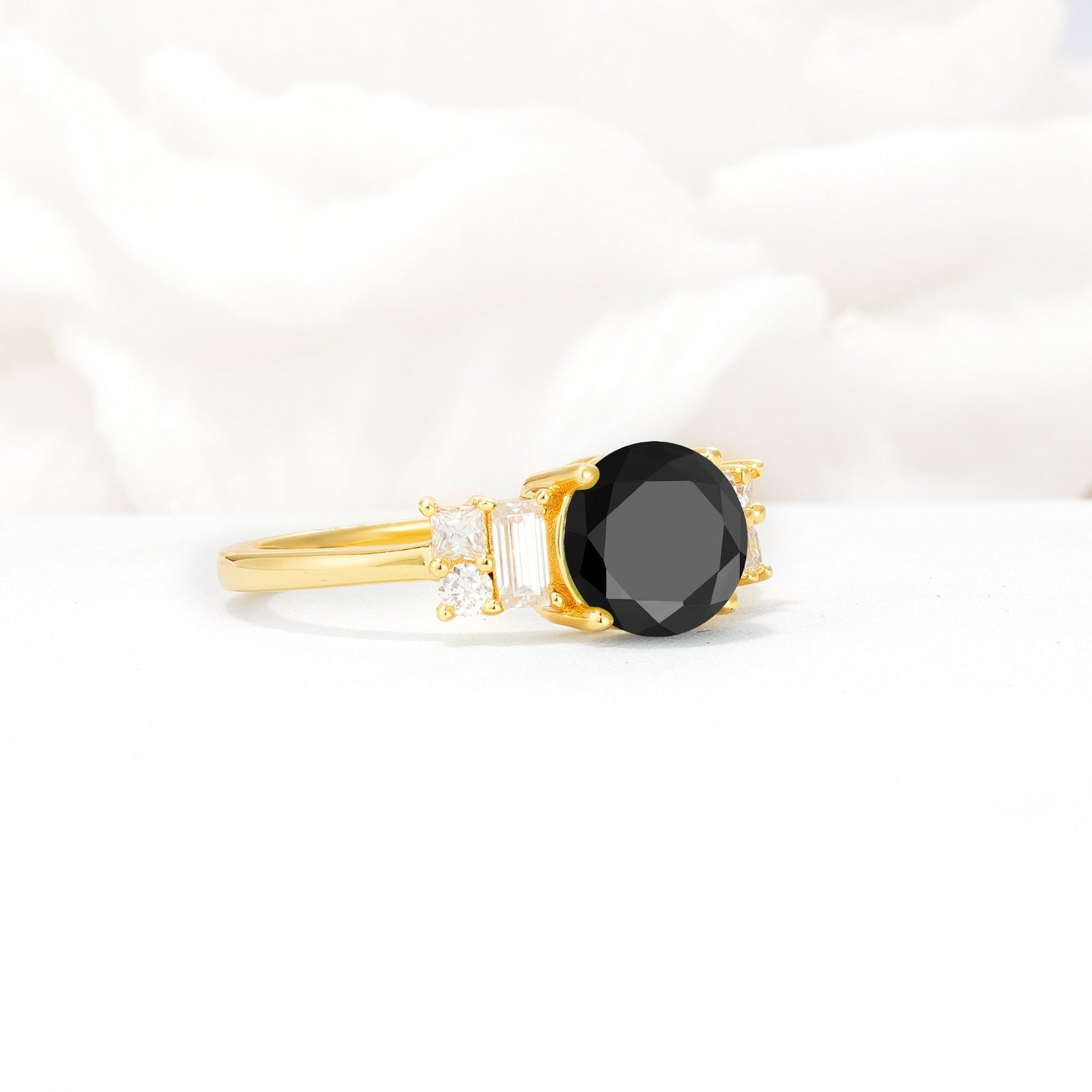 Round Cut Black Onyx Baguette Side Stone Engagement Ring - Additional view