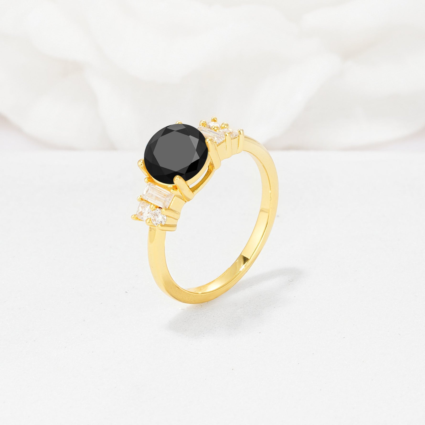 Round Cut Black Onyx Baguette Side Stone Engagement Ring - Additional view