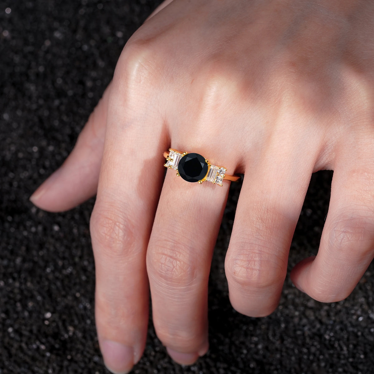 Round Cut Black Onyx Baguette Side Stone Engagement Ring