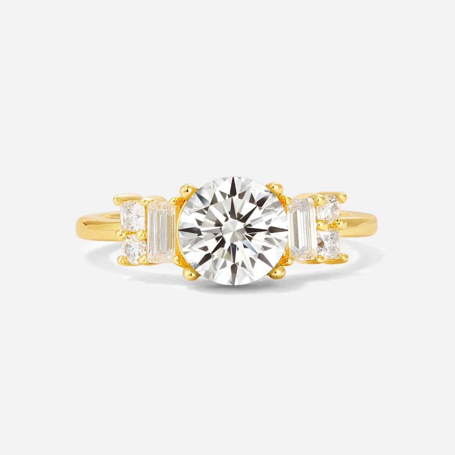 Round Cut Lab Diamond Baguette Side Stone Engagement Ring