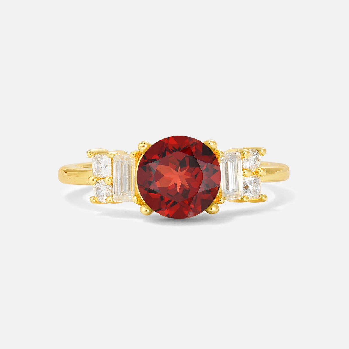 Round Cut Garnet Baguette Side Stone Engagement Ring