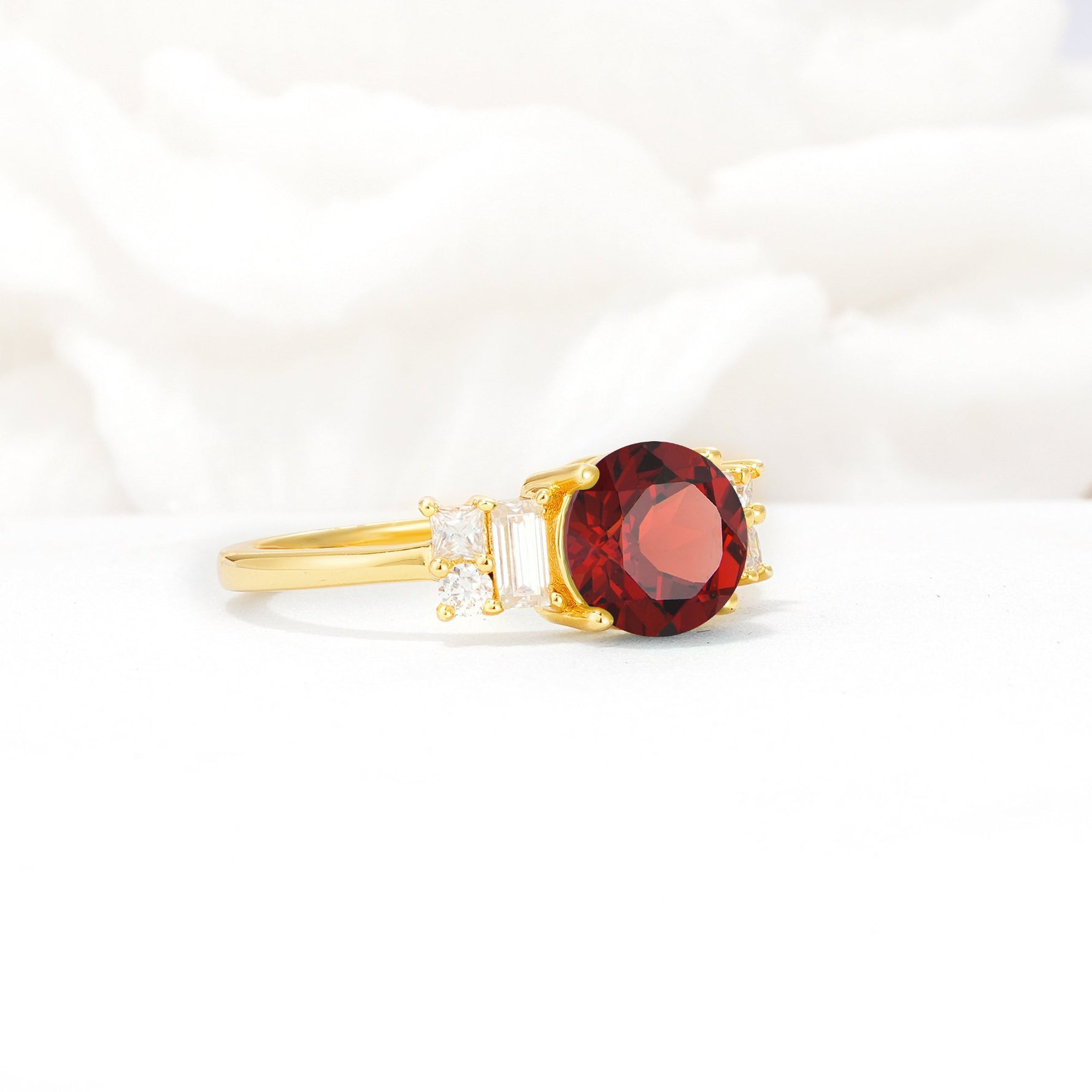 Round Cut Garnet Baguette Side Stone Engagement Ring - Additional view