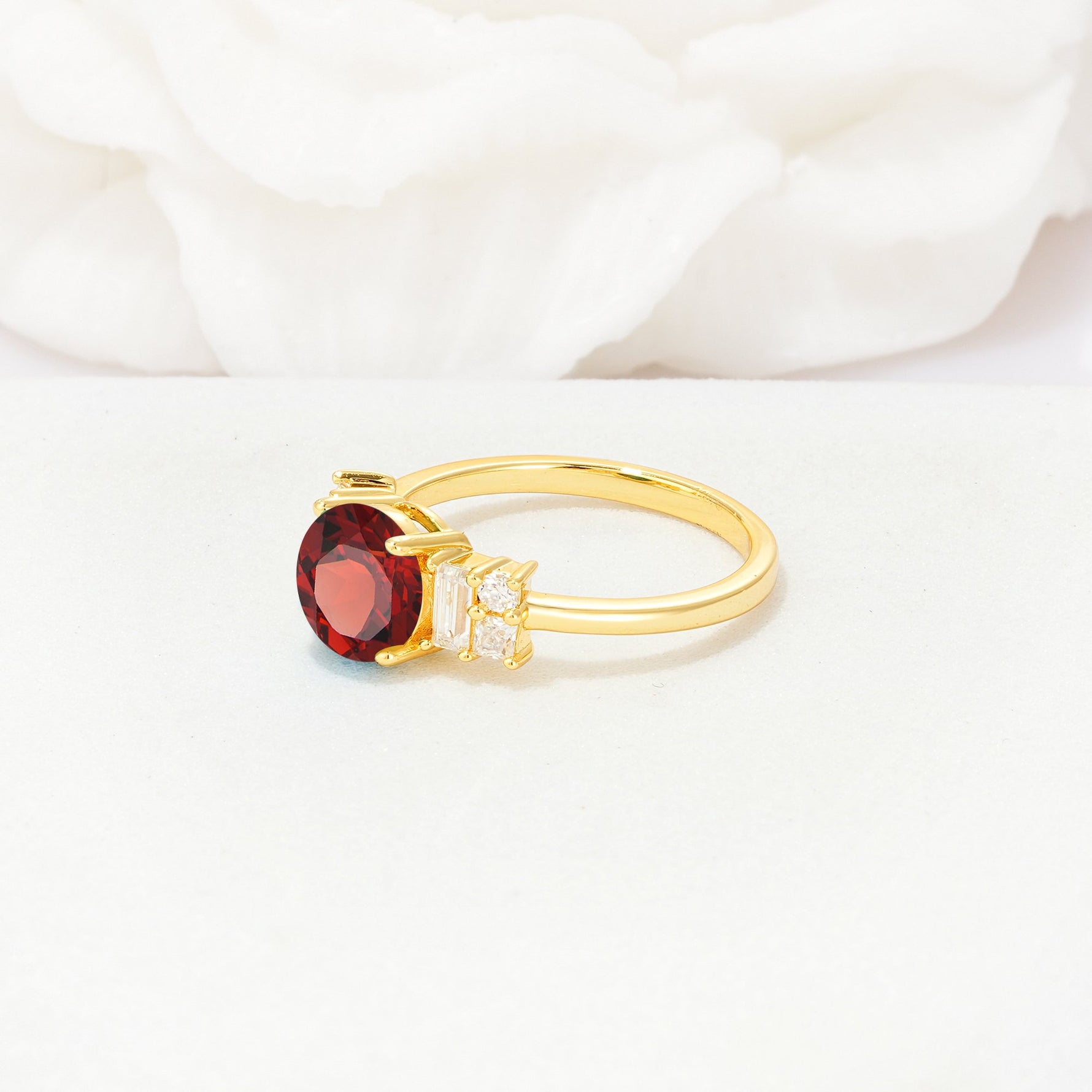 Round Cut Garnet Baguette Side Stone Engagement Ring - Additional view