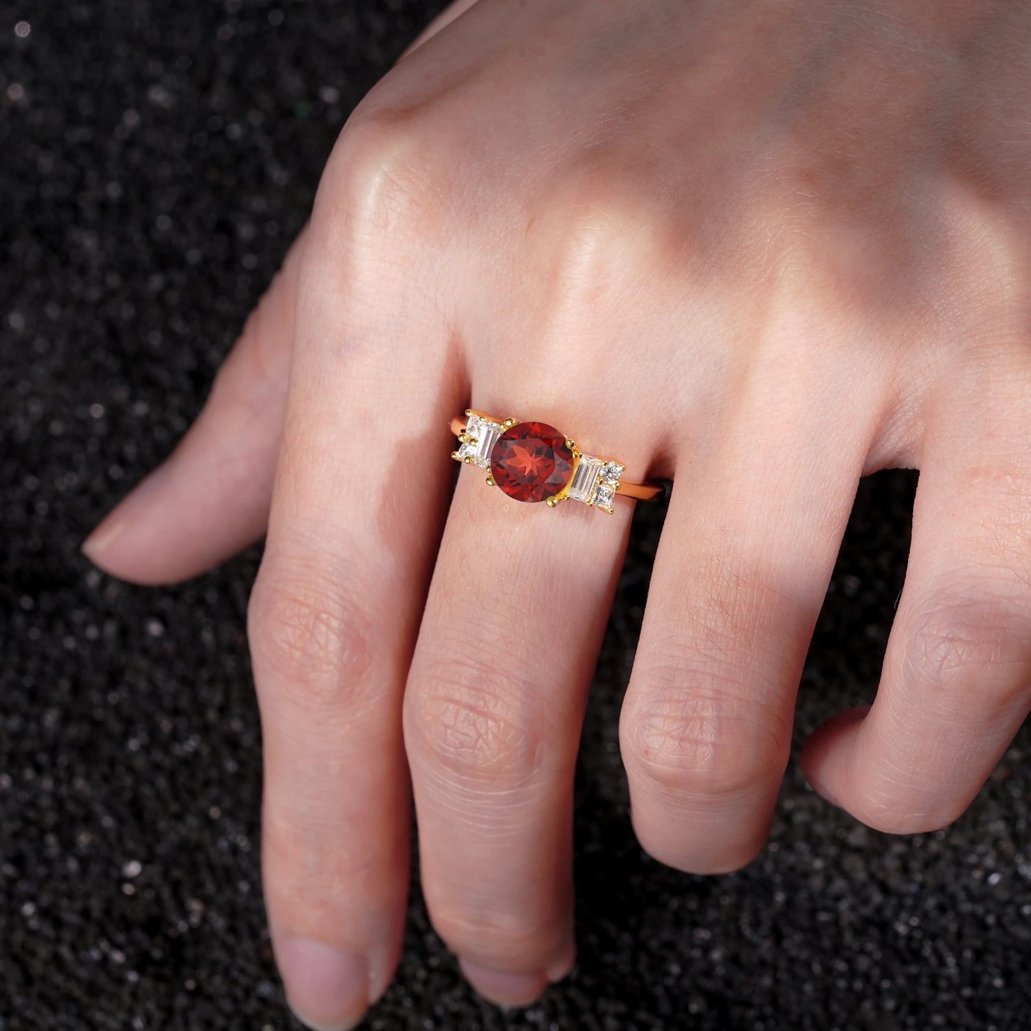 Round Cut Garnet Baguette Side Stone Engagement Ring