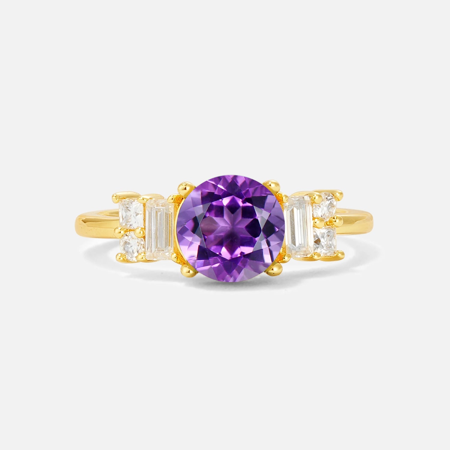 Round Cut Amethyst Baguette Side Stone Engagement Ring
