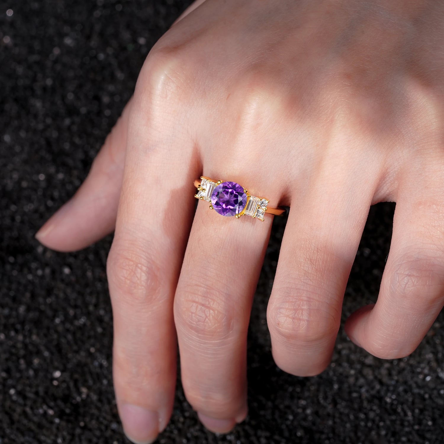 Round Cut Amethyst Baguette Side Stone Engagement Ring