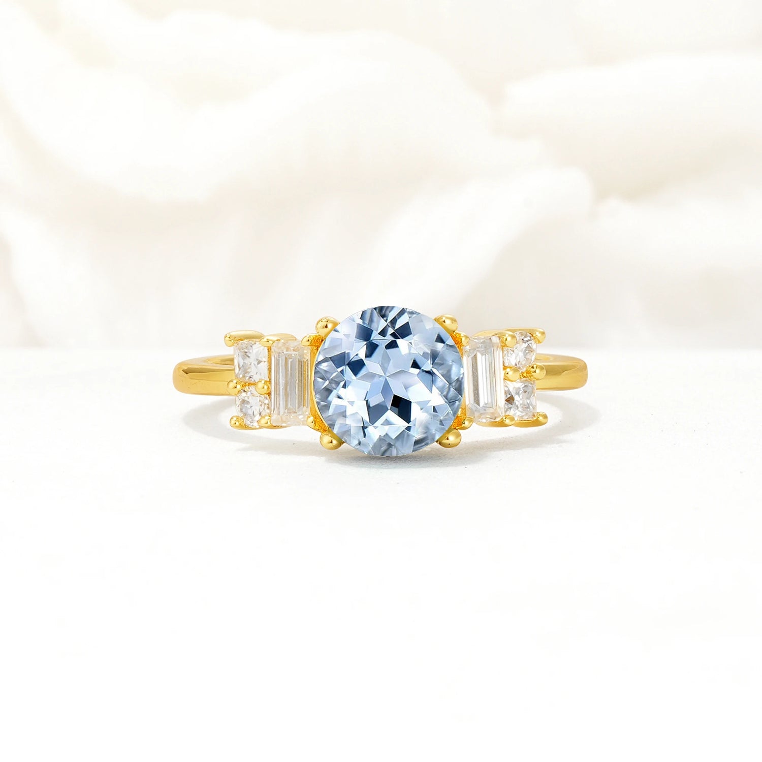 Round Cut Aquamarine Baguette Side Stone Engagement Ring