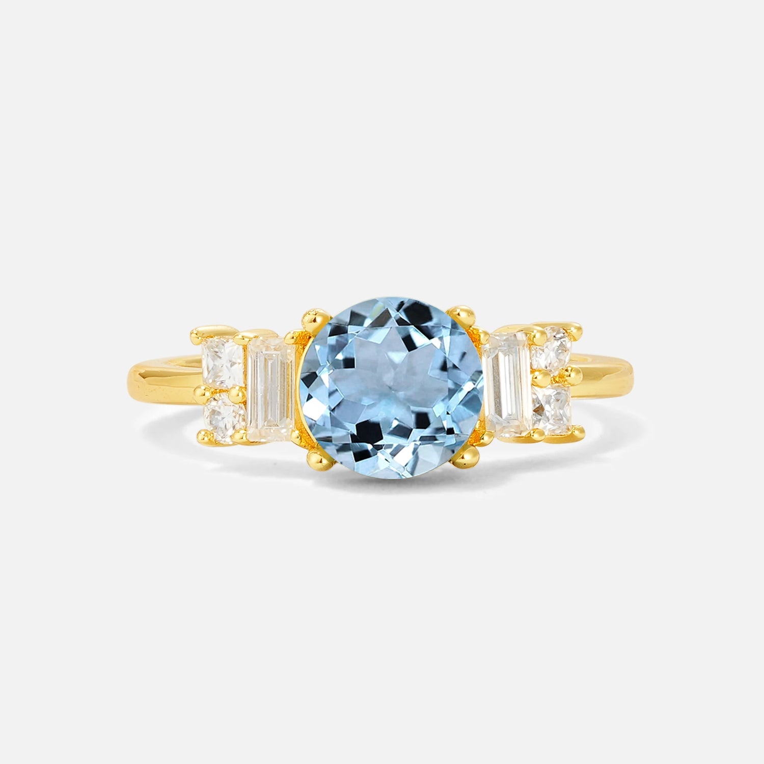 Round Cut Aquamarine Baguette Side Stone Engagement Ring