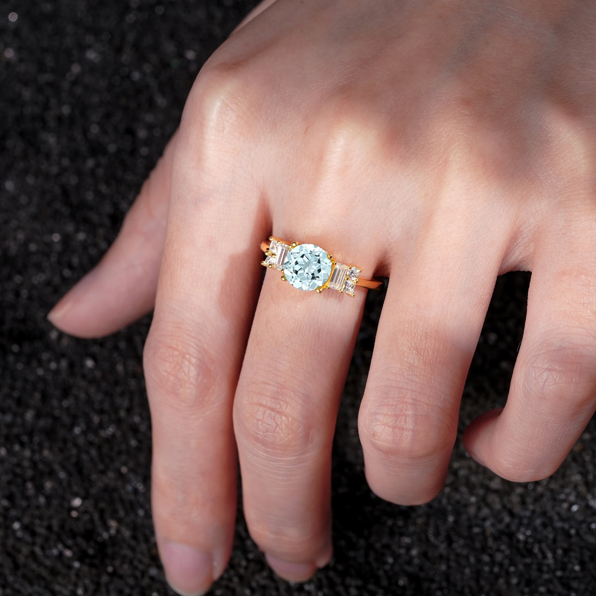 Round Cut Aquamarine Baguette Side Stone Engagement Ring