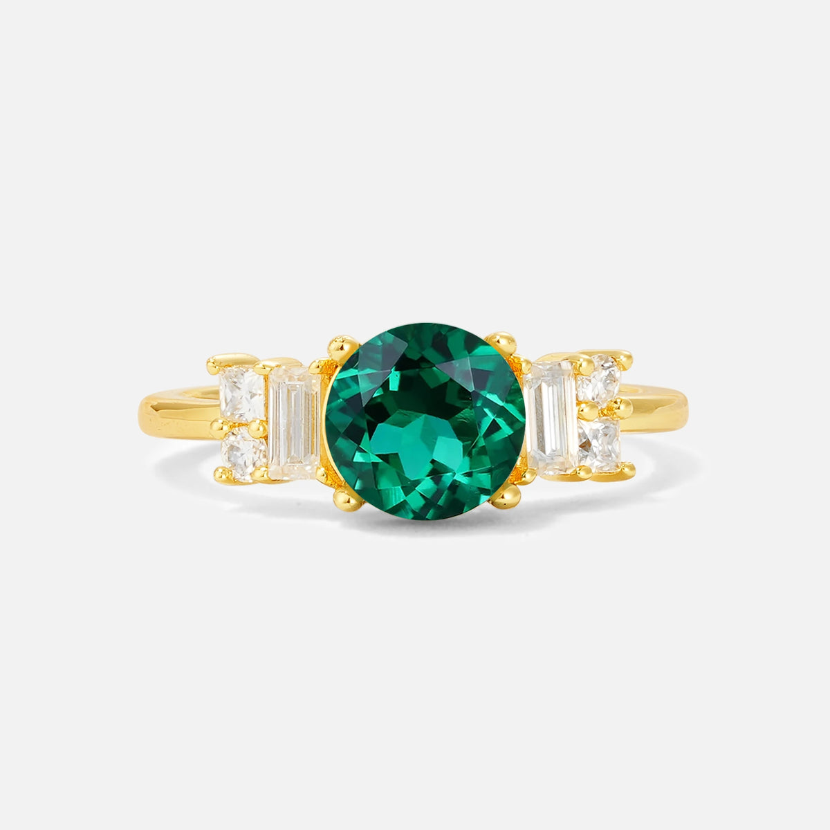 Round Cut Emerald Baguette Side Stone Engagement Ring