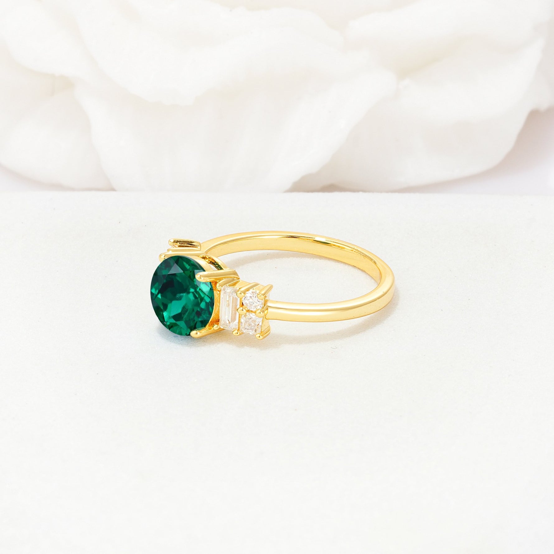 Round Cut Emerald Baguette Side Stone Engagement Ring - Additional view