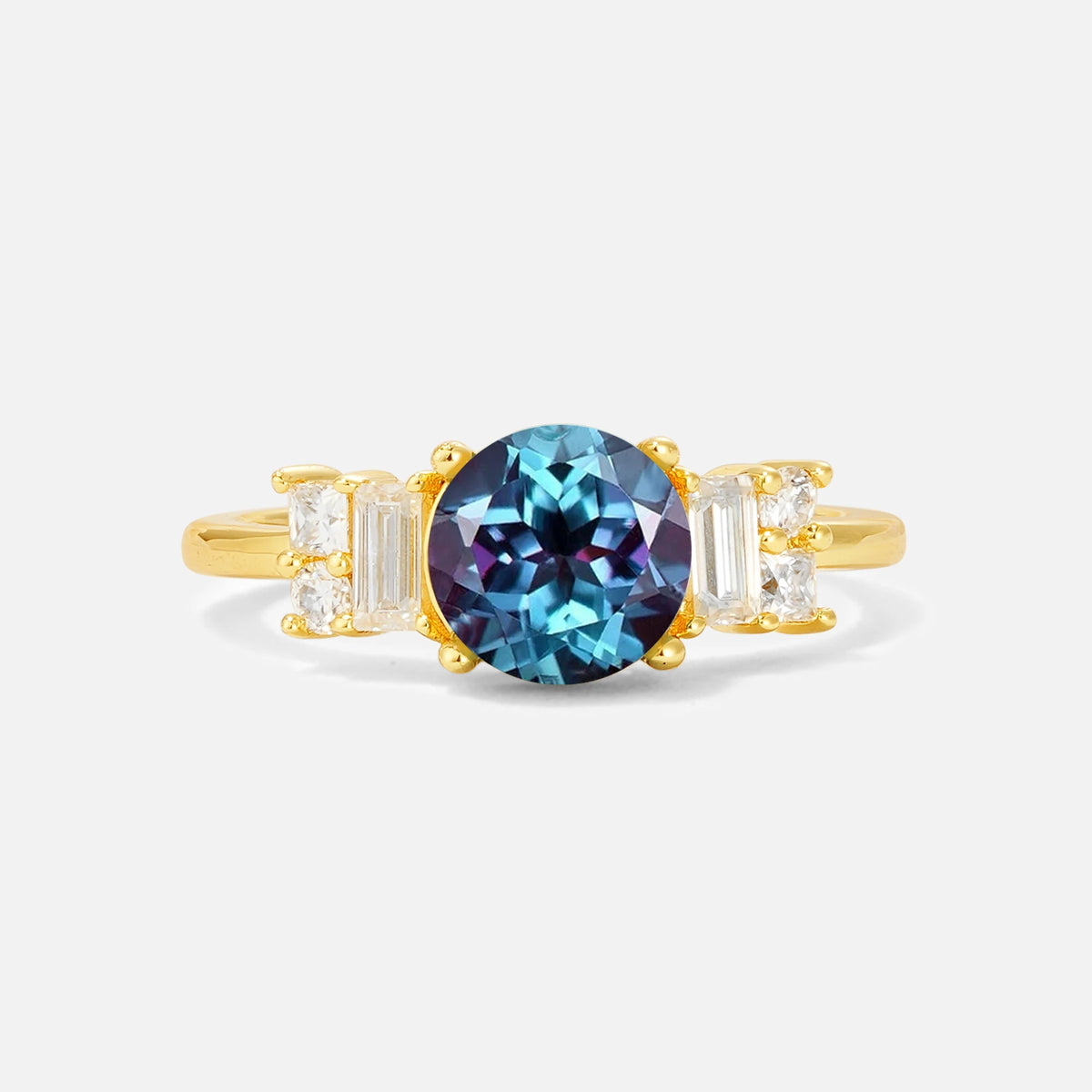 Round Cut Alexandrite Baguette Side Stone Engagement Ring