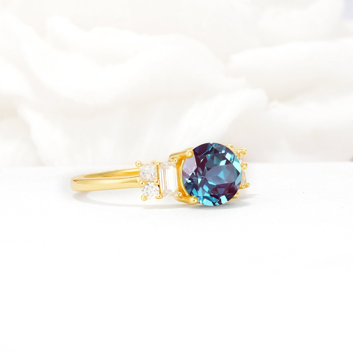 Round Cut Alexandrite Baguette Side Stone Engagement Ring - Additional view