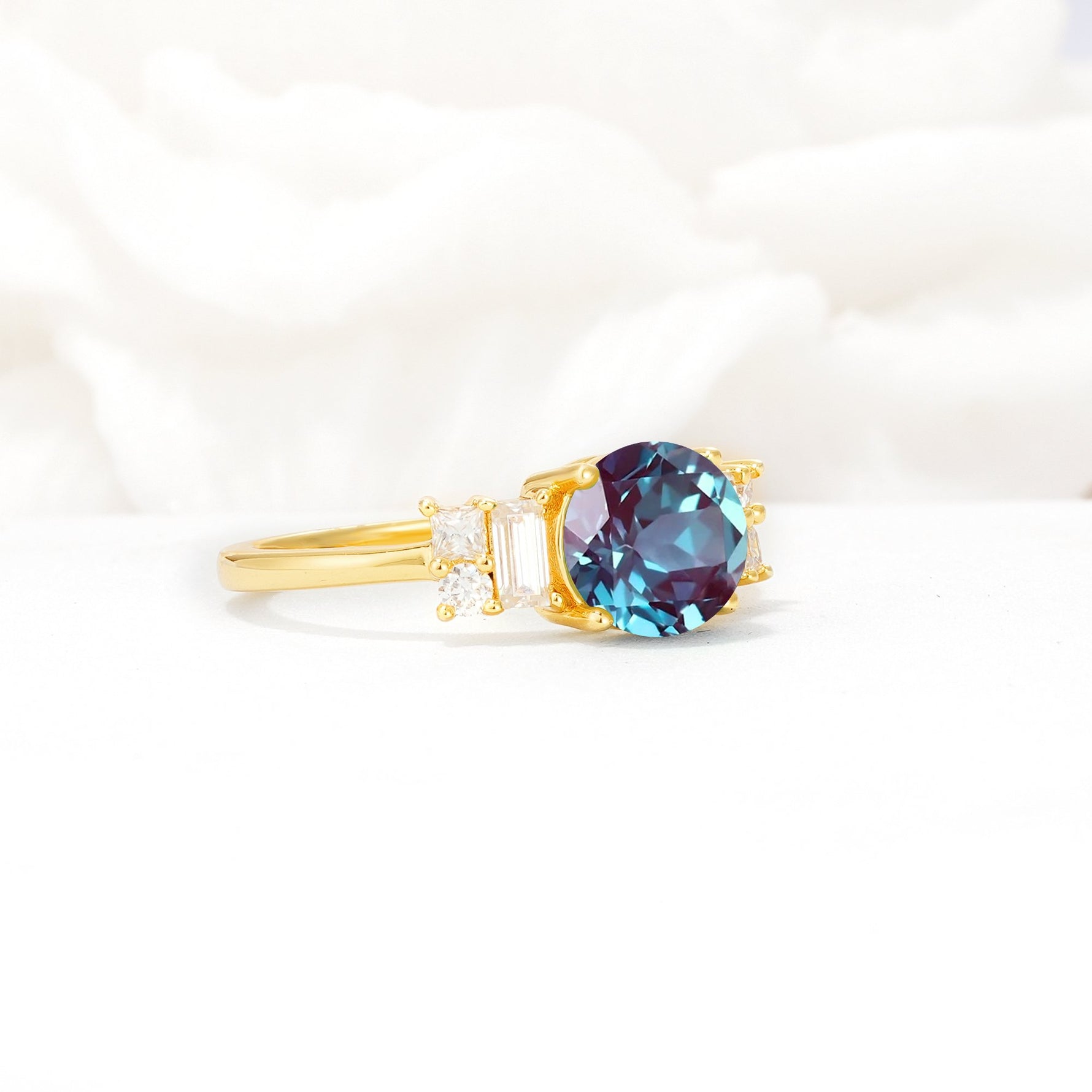 Round Cut Alexandrite Baguette Side Stone Engagement Ring - Additional view