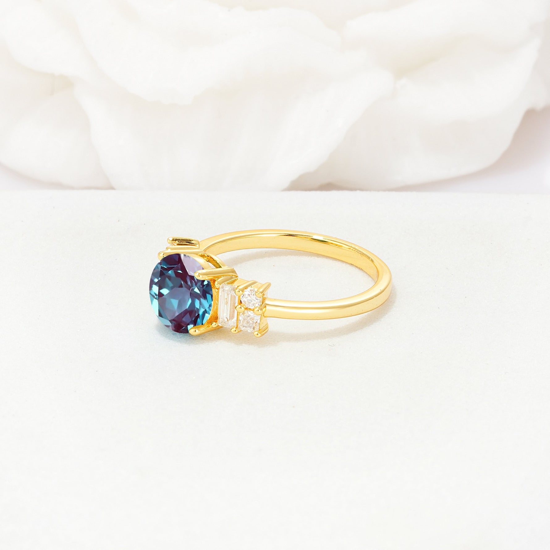 Round Cut Alexandrite Baguette Side Stone Engagement Ring - Additional view