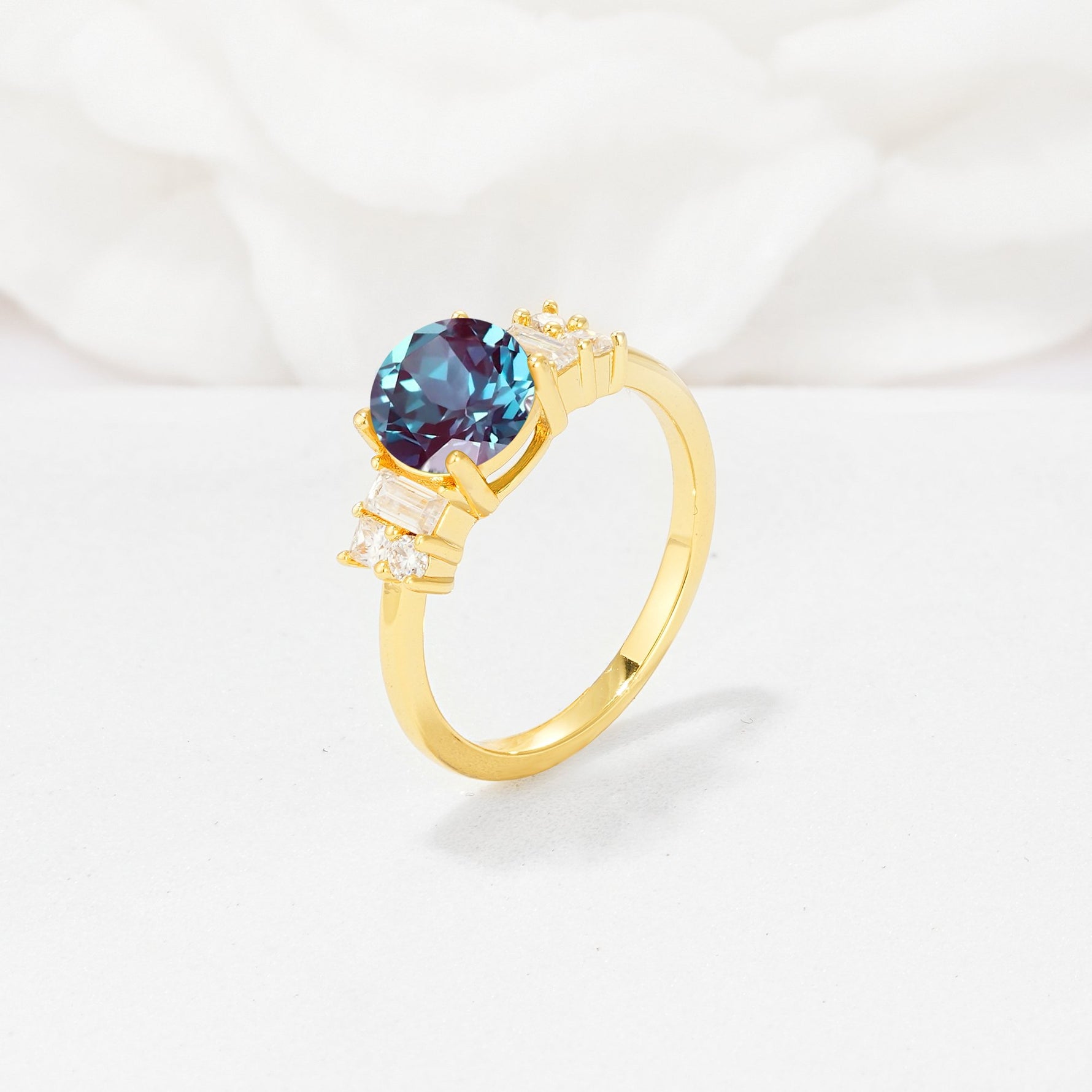 Round Cut Alexandrite Baguette Side Stone Engagement Ring - Additional view