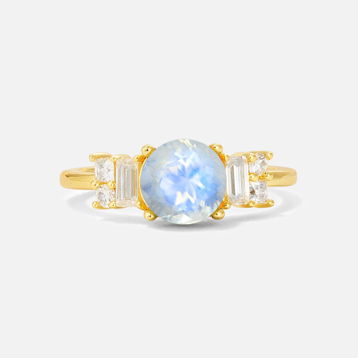 Round Cut Moonstone Baguette Side Stone Engagement Ring