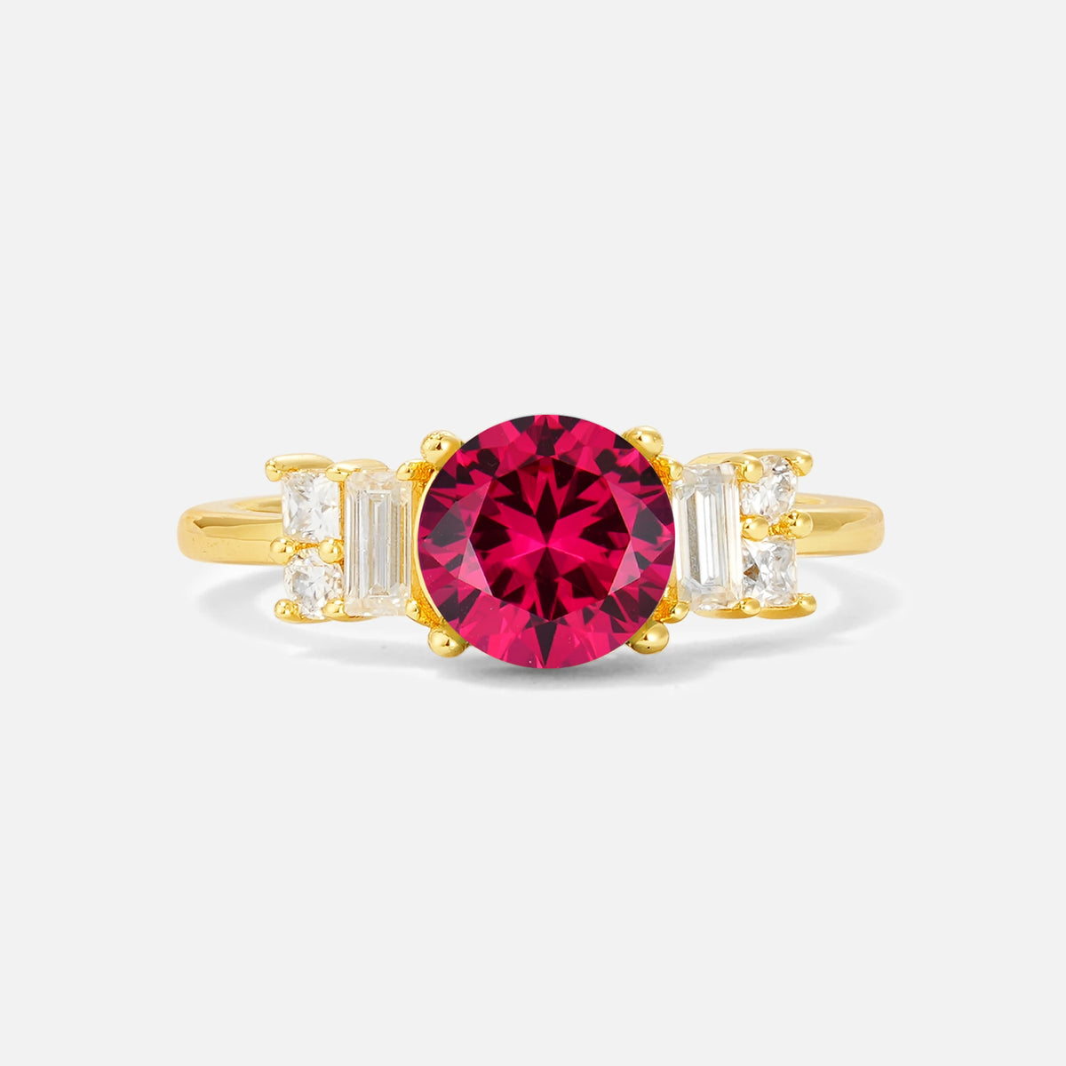 Round Cut Ruby Baguette Side Stone Engagement Ring