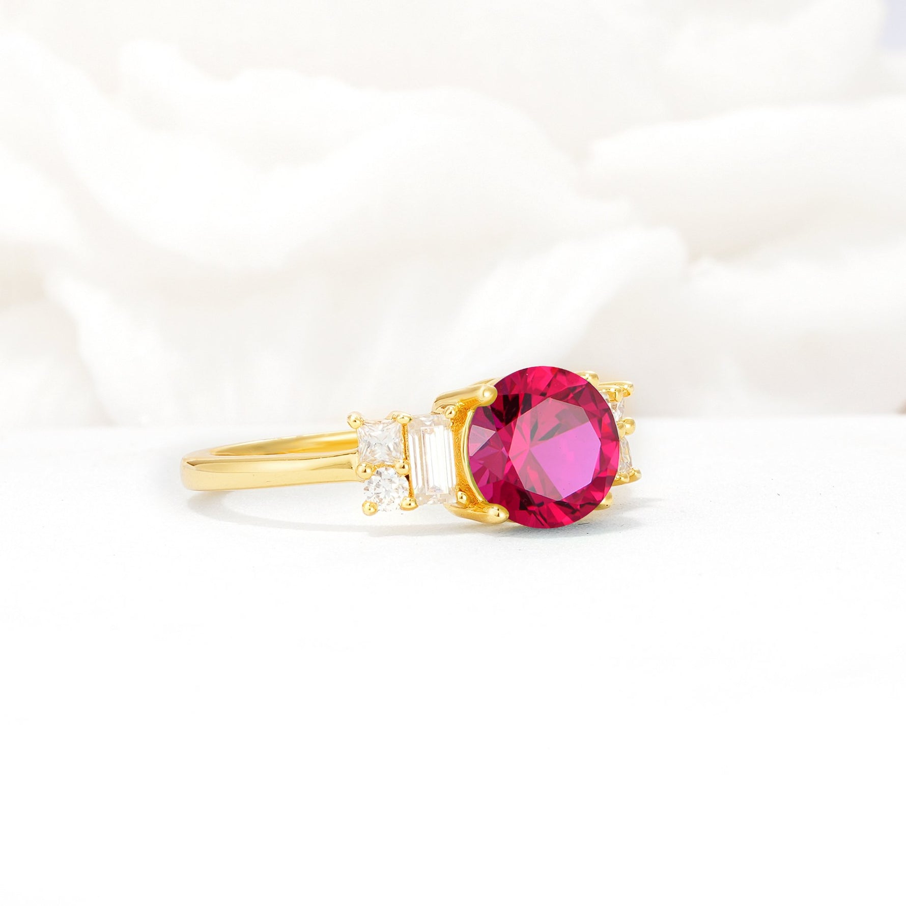 Round Cut Ruby Baguette Side Stone Engagement Ring - Additional view