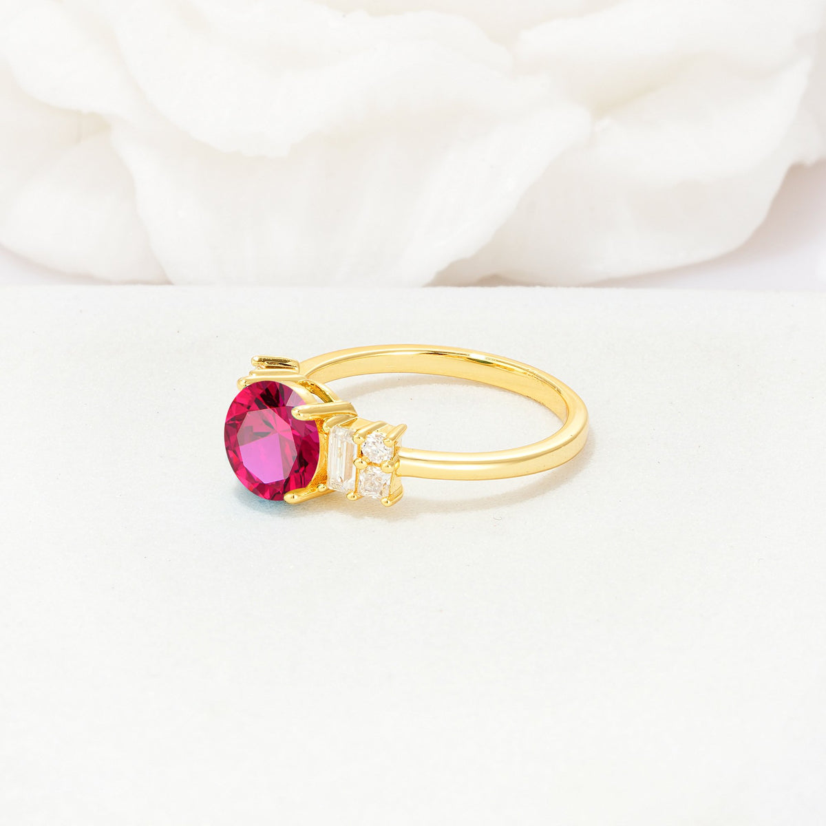 Round Cut Ruby Baguette Side Stone Engagement Ring - Additional view