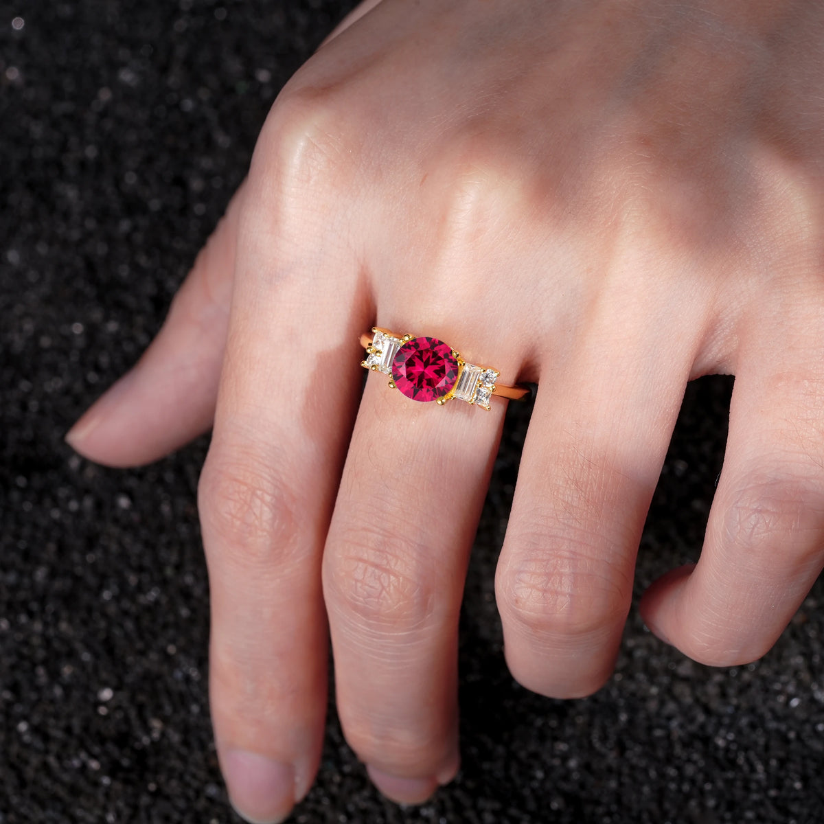 Round Cut Ruby Baguette Side Stone Engagement Ring