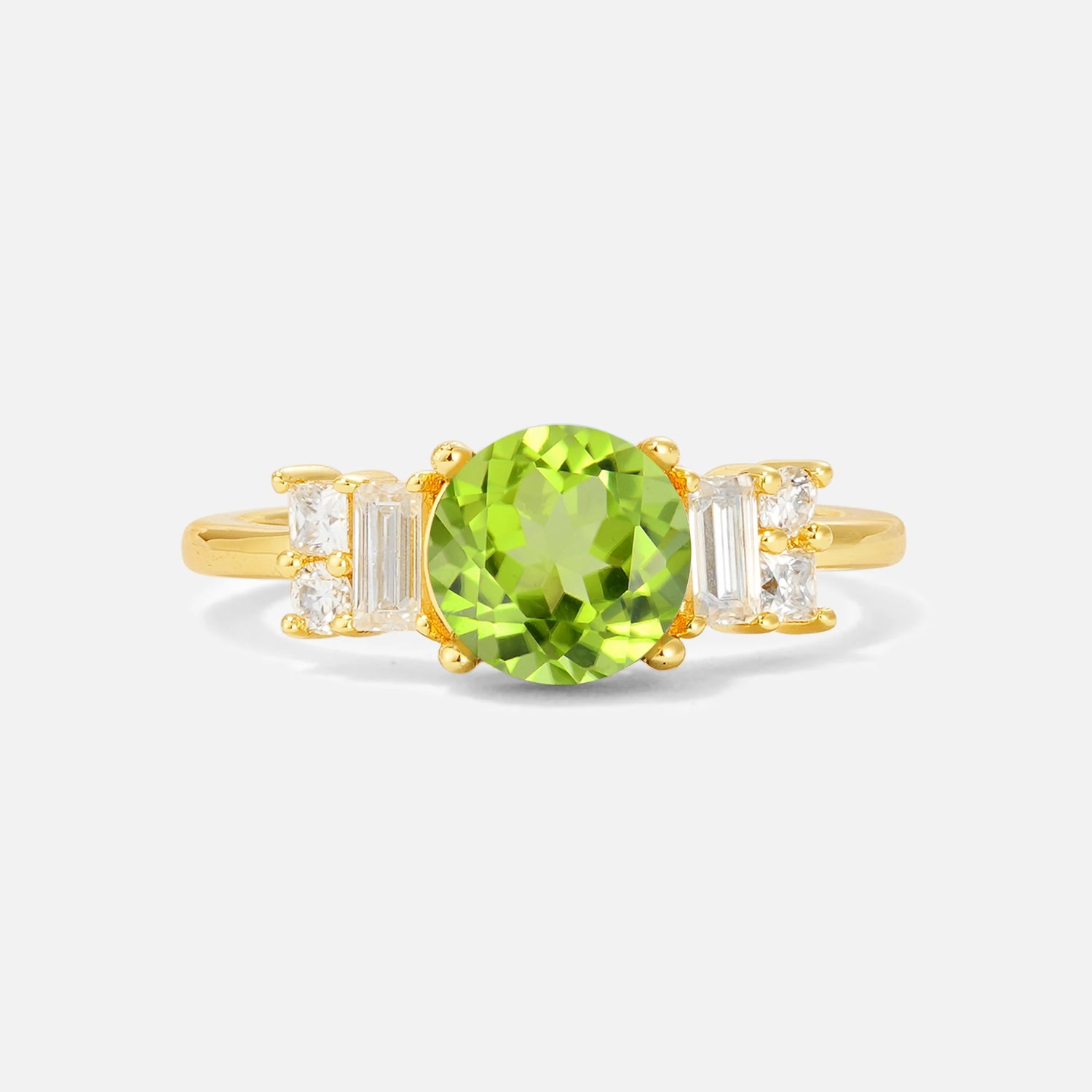 Round Cut Peridot Baguette Side Stone Engagement Ring