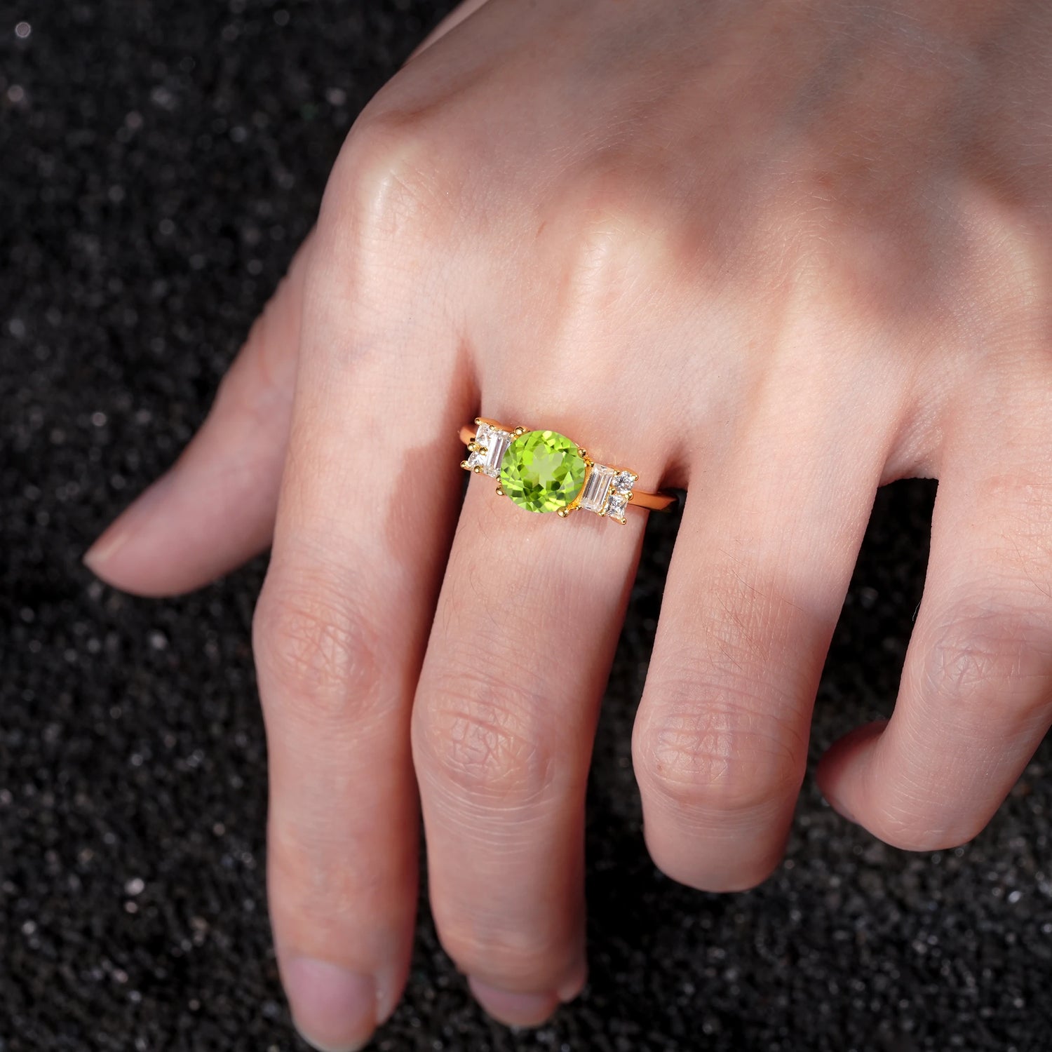 Round Cut Peridot Baguette Side Stone Engagement Ring