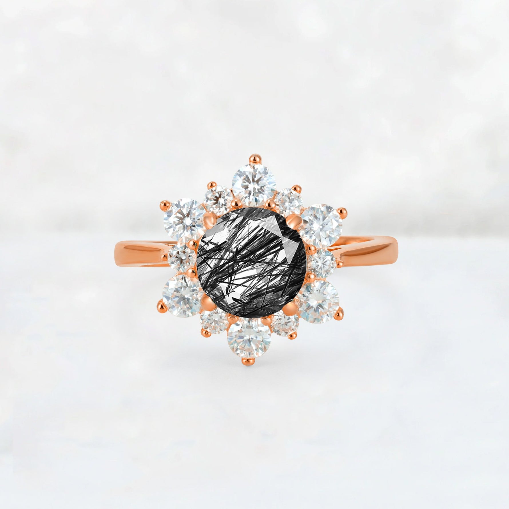 Round Cut Black Rutilated Quartz Floral Cluster Engagement Ring - Additional view