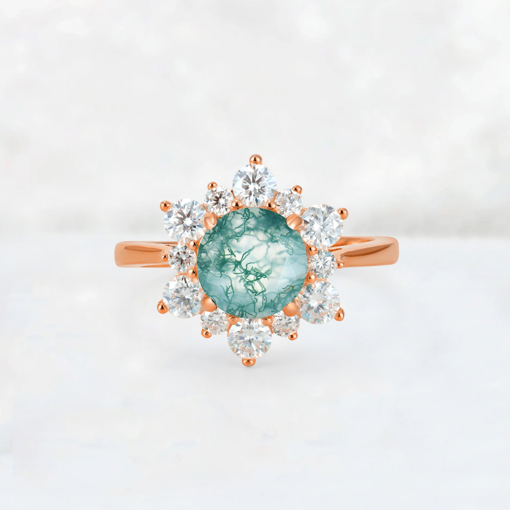 Round Cut Moss Agate Floral Cluster Engagement Ring - Additional view