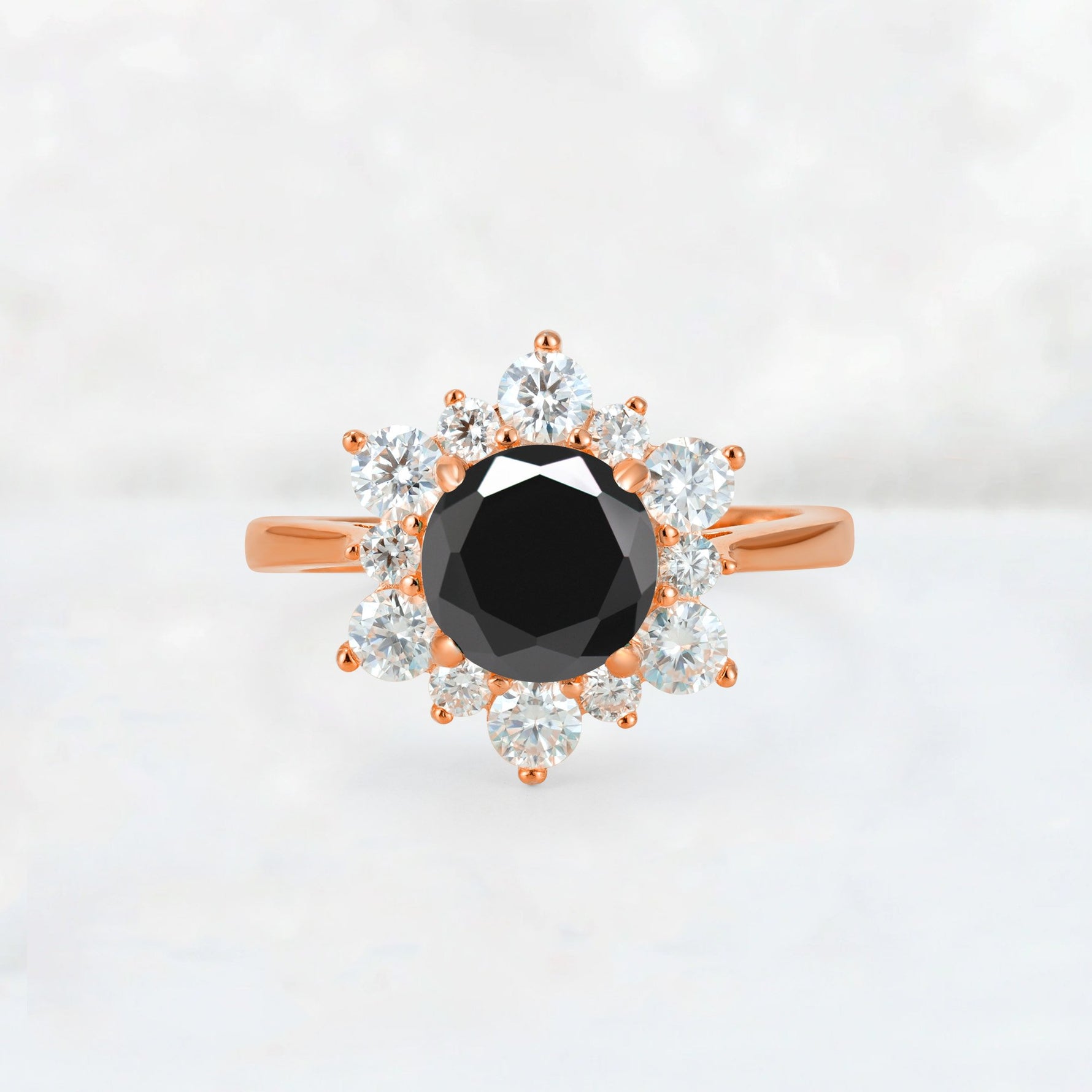 Round Cut Black Onyx Floral Cluster Engagement Ring - Additional view