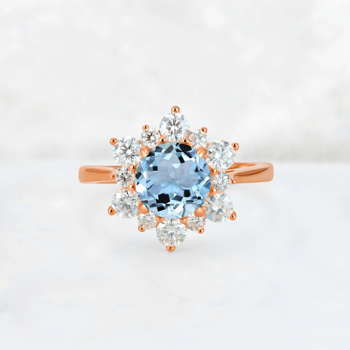 Round Cut Aquamarine Floral Cluster Engagement Ring - Additional view