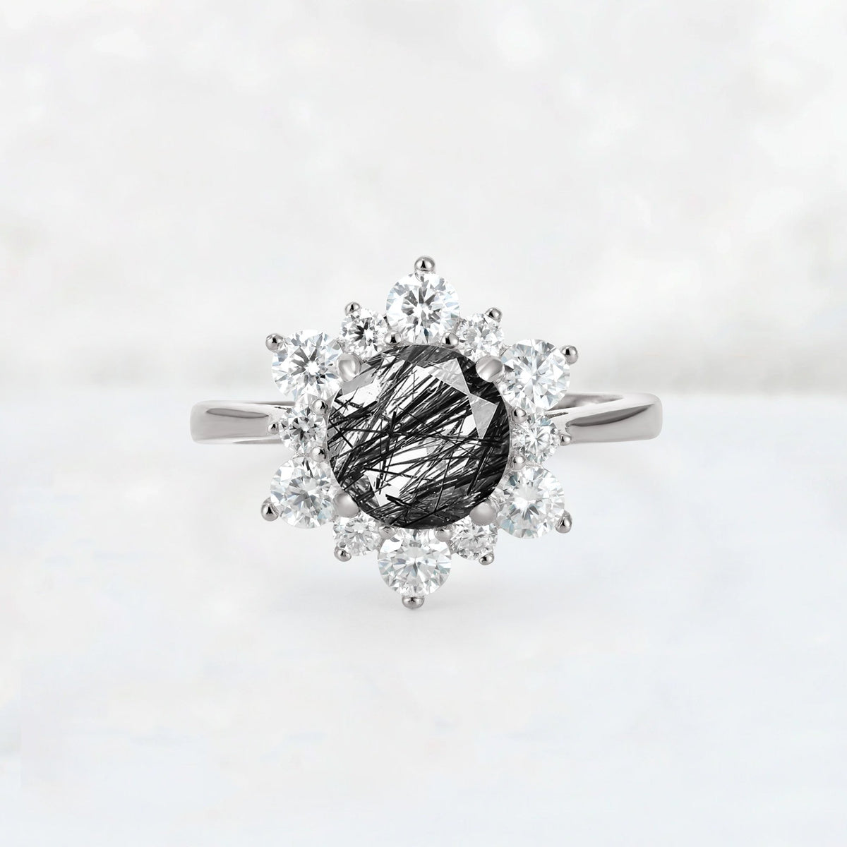 Round Cut Black Rutilated Quartz Floral Cluster Engagement Ring - Additional view
