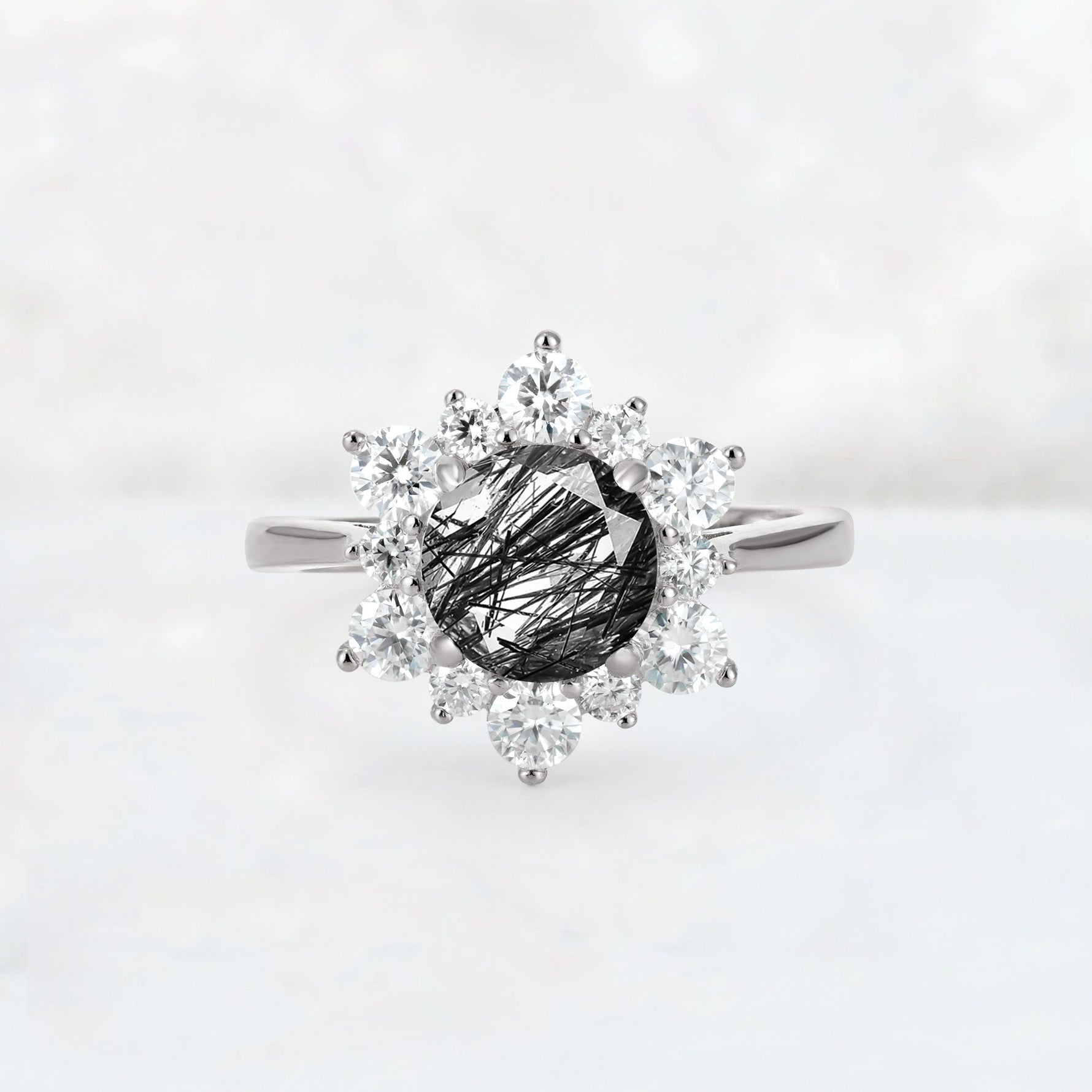 Round Cut Black Rutilated Quartz Floral Cluster Engagement Ring - Additional view