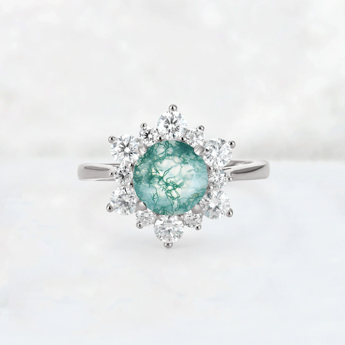 Round Cut Moss Agate Floral Cluster Engagement Ring - Additional view